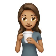 a cartoon girl holding a coffee cup and looking at the camera with an excited look on her face