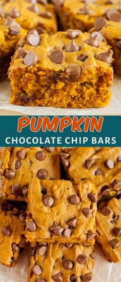 pumpkin chocolate chip bars stacked on top of each other with the words pumpkin chocolate chip bars