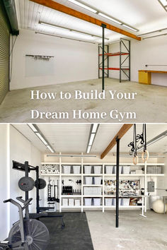 the inside of a garage with an exercise room and gym area in front of it