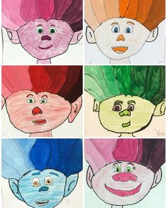 four different colored children's drawings with faces