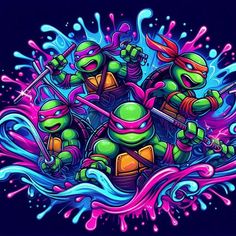 two teenaged turtles riding on top of each other with paint splatters around them