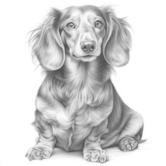 a black and white drawing of a dachshund dog sitting on the ground