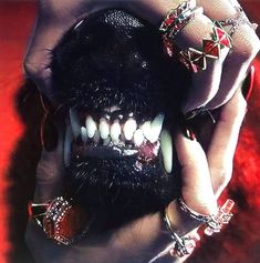 a close up of a person holding a dog's face with rings on it