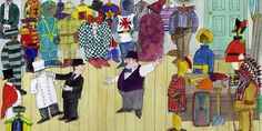 a painting of people standing in front of clothes hanging on the wall and wearing hats