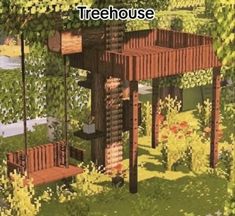 an image of a tree house in the middle of some grass and trees with benches under it