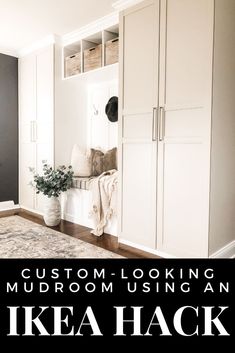 a room with white cabinets and a rug on the floor in front of it that says custom - looking mudroom using an ikea hack