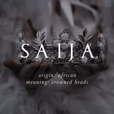 a person holding a tiara with the word salja written in white on it