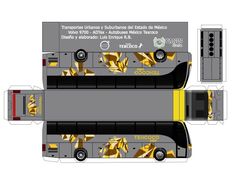 an image of a bus that is in the shape of a cardboard box with yellow and black designs on it