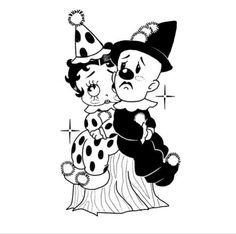 a black and white drawing of two clowns hugging