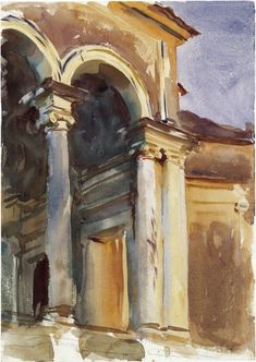 a watercolor painting of an old building with arches and pillars on the front door