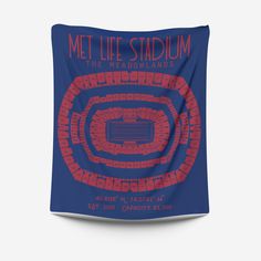 a blue and red poster with the words met life stadium on it