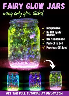 the glow jar is filled with different colored glitters and has instructions to make it glow