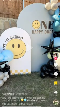 balloons and decorations are displayed in front of a happy birthday sign with smiley faces on it