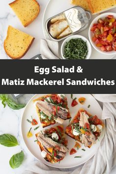 egg salad and matz mackerel sandwiches on a white plate with basil leaves