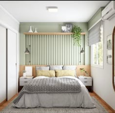 a bedroom with a bed, mirror and window in the corner that has vertical blinds on both sides