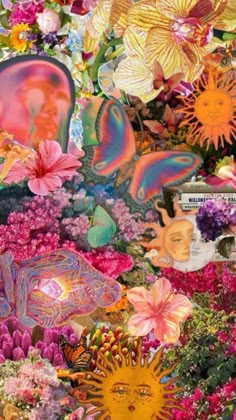 a collage of colorful flowers and butterflies