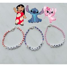 three different bracelets with charms that spell out the word stitch, stitch stitch and stitch stitch