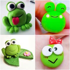 four different images of frog figurines with eyes and nose, one is holding a flower