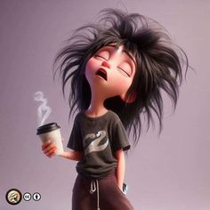 a cartoon character holding a coffee cup with her hair blowing in the wind and wearing sweatpants