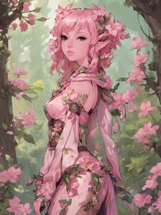 a woman with pink hair and flowers on her body is standing in front of trees