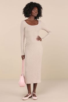 The flirty vibes that radiate from the Lulus Certainly Darling Heather Beige Ribbed Long Sleeve Midi Dress will make it the perfect pick for meeting up with your crush! Stay cute and comfortable all day long with this stretchy ribbed knit dress that features a heathered effect, long sleeves, and a scoop neckline trimmed with scalloped lace and a dainty rosette detail at the center. The bodycon silhouette will effortlessly effortlessly flaunt your figure as it falls a chic midi hem with a conveni Kick Pleat, Ribbed Knit Dress, Sleeve Midi Dress, Your Crush, Long Sleeve Midi, Scalloped Lace, Long Sleeve Midi Dress, Large Size Dresses, Scoop Neckline