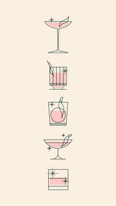 a line drawing of different types of cocktails in glasses on top of each other