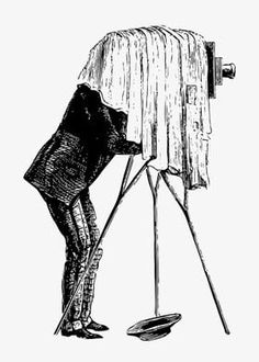 an old fashioned drawing of a man looking at something on a tripod with his head in the ground