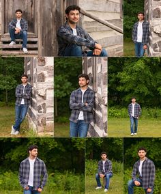 a collage of photos with a man in plaid shirt and jeans leaning against a wooden building