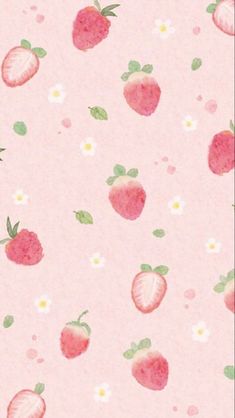 a pink background with strawberries and daisies