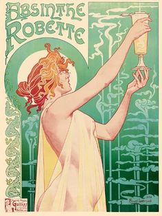 a woman holding a glass in her hand with the words absinte robette on it