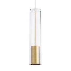 a glass and brass pendant light hanging from a ceiling fixture with a white cord attached to it