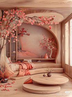 a bedroom with pink flowers on the wall and a tree in the corner next to the bed