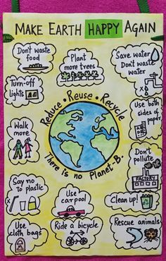 a poster with words written on it that says make earth happy again, and an image of