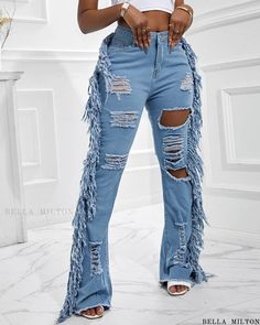 Bella Milton - Premium High-Waisted Distressed Denim with Cutout Fringe Details Casual Denim Blue Jeans With Fringe, Spring Medium Wash Jeans With Fringe, Spring Fringe Jeans In Medium Wash, Spring Fringe Medium Wash Jeans, High Waist Ripped Cotton Flare Jeans, High Rise Denim Blue Fringe Bottoms, High Rise Denim Blue Bottoms With Fringe, Ripped Fitted Flare Jeans For Summer, Summer Ripped Fitted Flare Jeans