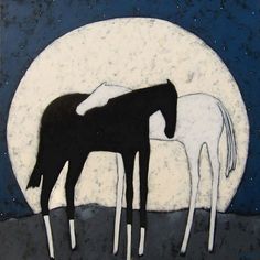 two horses standing next to each other in front of a full moon