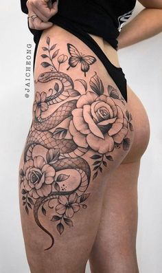 © tattoo artist ✿ Jai Cheong • Gold Coast, Australia • @jaicheong ✿ ♡🧿♡🧿♡ #tattoolove #snaketattoos #tattooinspiration #floraltattoo #hiptattoo #girlswithtattoos #tattooideas Side Glute Tattoo, Thigh Tattoos Women Animal, Hip Tattoo Floral, Upper Buttock Tattoo, Womens Hip Tattoo, Snake Flowers Tattoo, Under Bum Tattoo Women, Big Thigh Tattoos For Women, Flowers Tattoo Ideas