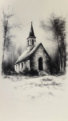 a black and white drawing of a church in the woods with trees on either side