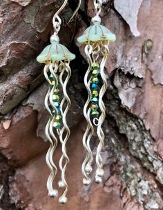 Whimsical Handmade Beach Earrings, Ocean-inspired Dangle Jewelry For Beach Season, Handmade Ocean-inspired Dangle Jewelry, Beach Dangle Earrings Wire Wrapped, Jelly Fish Earrings, Beaded Jellyfish, Jellyfish Earring, Jellyfish Jewelry, Green Resort