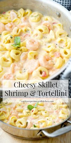 cheesy skillet shrimp and tortellini in a pan on a wooden table