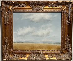 an oil painting of a field with clouds in the sky