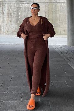 Available In Black, Brown, Peach, And Purple. 3 Piece Legging Set Tank Top V Neck Duster Cardigan Pockets High Rise Leggings Stretch 100% Polyester Imported | Living So Cozy 3 Piece Legging Set in Brown size 3X by Fashion Nova Lounge Wear Black, Color Blocking Outfits, Brown Outfit, Duster Cardigan, Loungewear Women, High Rise Leggings, Womens Loungewear, Sweater Set, Shop Maxi Dresses