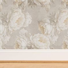 an image of a floral wallpaper with white and beige flowers on grey background in a frame