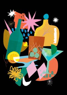 an abstract painting with various shapes and colors on black background, including bottle, oranges,