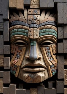 the face of a native american man made out of wood blocks and metal pieces, with geometric designs