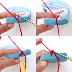 four pictures showing how to make a rock with yarn and crochet hooks