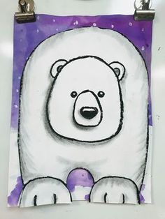 a drawing of a polar bear on a purple and white background with two silver hooks