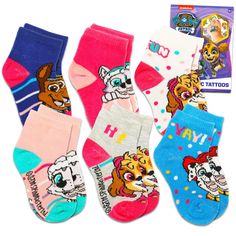 PRICES MAY VARY. Paw Patrol Socks for Girls - Bundle with 6 Pairs of Paw Patrol Socks Size 4-7 Plus Tattoos for Kids Ages 2T-4T | Paw Patrol Gift Set. This Paw Patrol socks set includes 6 pairs of socks featuring colorful artwork of favorite Paw Patrol characters including Chase, Marshall, Skye and more. Socks fit kids shoe sizes 2T-4T. Sure to be a hit with Paw Patrol fans of all ages, these Paw Patrol socks are perfect to give as a gift to your favorite Paw Patrol enthusiast. Show off your lov Non-slip Playtime Socks For Infants, Cute Multicolor Socks, Fun Round Toe Socks For Playtime, Fun Non-slip Socks For Playtime, Paw Patrol Gifts, Paw Patrol Characters, Fit Kids, Tattoos For Kids, Colorful Artwork