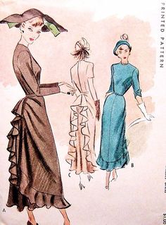 1940s Flirty Cocktail Evening Party Dress Pattern McCALL 7604 Figure Flattering Slim Front Ruffled Back Unique and Beautiful Design Bust 38 Vintage Sewing Pattern Party Dress Pattern, Party Dress Patterns, 50 Style, Couture Vintage