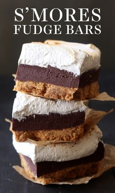 three desserts stacked on top of each other with text overlay that reads s'mores fudge bars