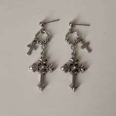 stainless steel gothic silver cross earrings! free untracked shipping. please msg/DM for other shipping options. Goth Cross Earrings, Cute Stuff To Buy Accessories, Crosses Jewelry, Cross Accessories, Gothic Stuff, Silver Cross Earrings, Gothic Cross, Gothic Clothes, Gothic Earrings